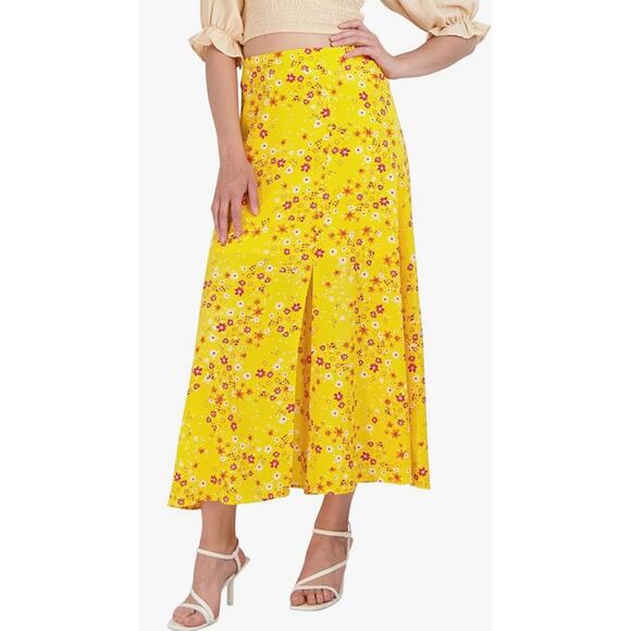 BCBGeneration Fit and Flare Elastic Waistband Midi Skirt Yellow Floral M NWT - Picture 2 of 13